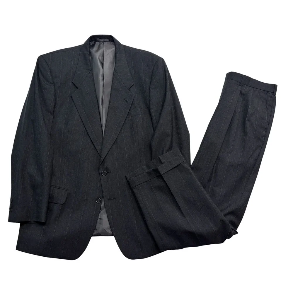 vtg 90s Mappelli di Milano 43R 35x30 Charcoal Burgundy Stripe 2pc Pant Suit Wool